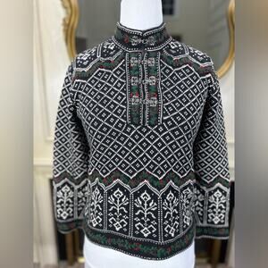 Vintage Talbots Nordic Sweater Cardigan Black White Cotton Pewter Clasp Small P